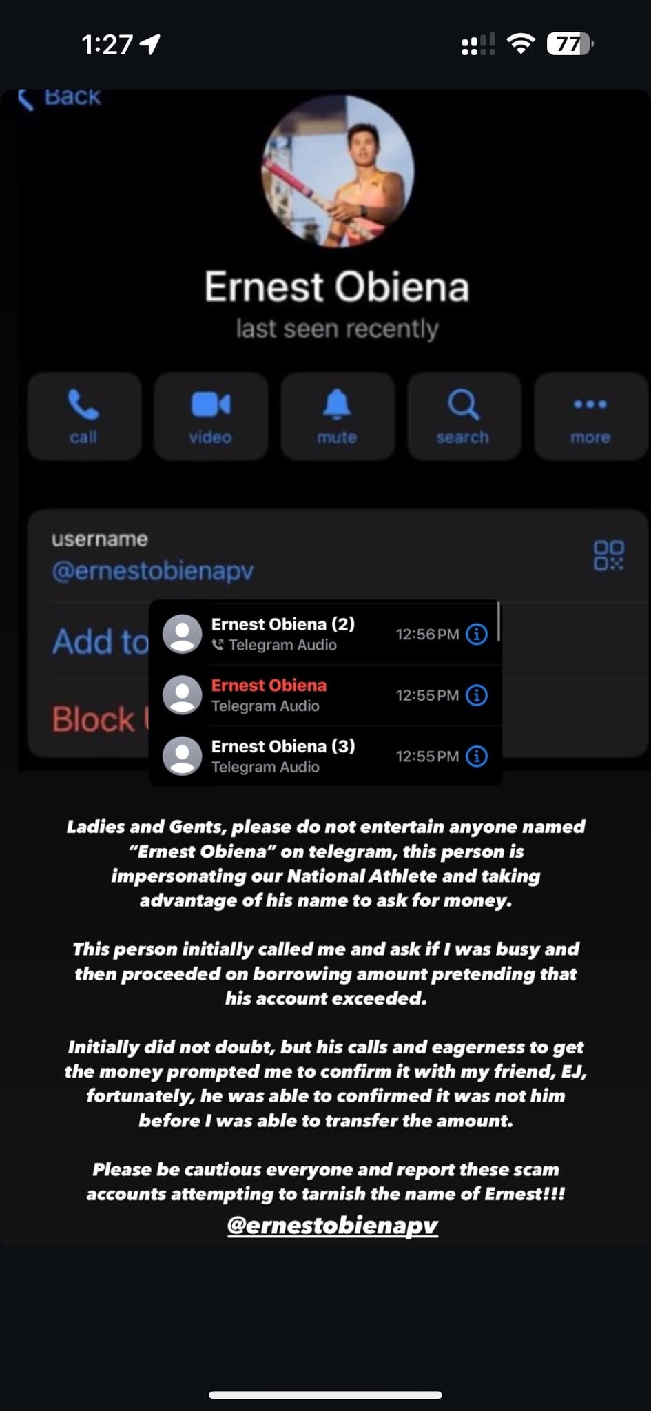 EJ Obiena Alerts Fans to Beware of Impersonators on Telegram